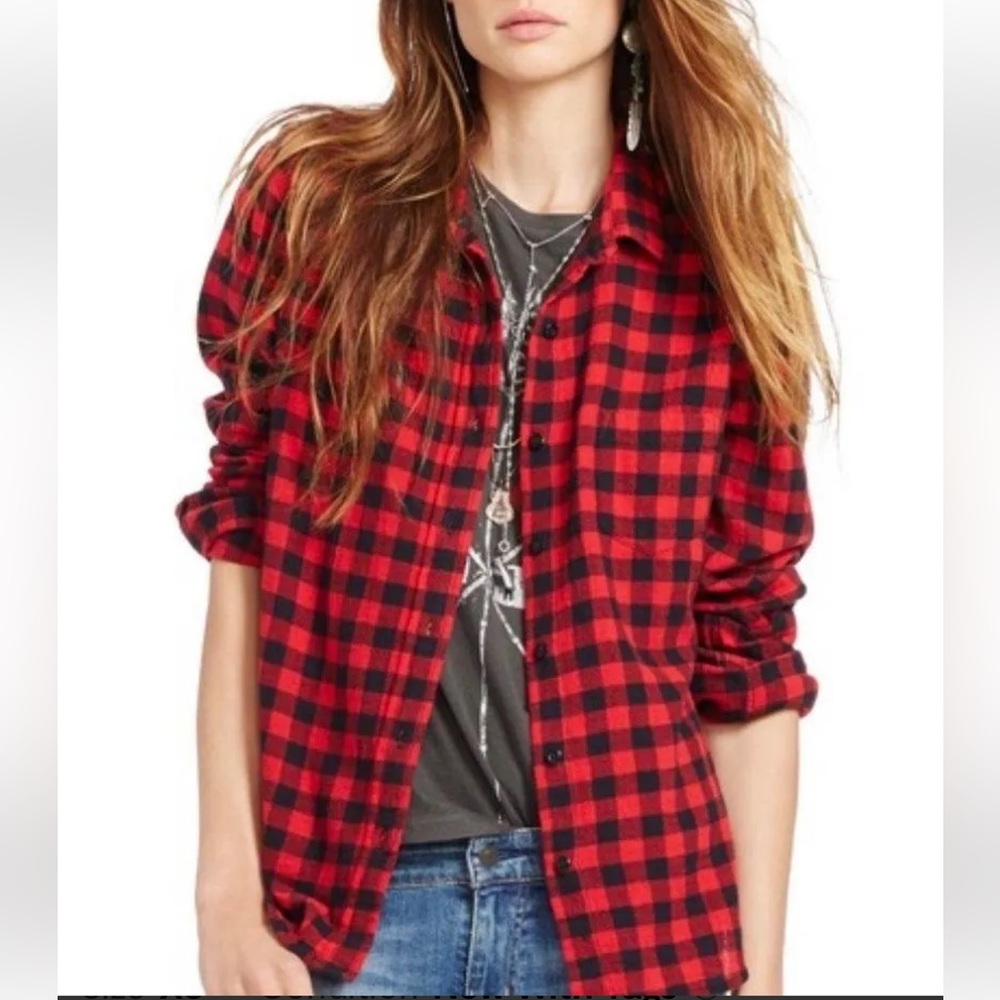 Ralph Lauren Denim & Supply Top Medium RL Tomboy Red Black Buffalo Plaid Rustic